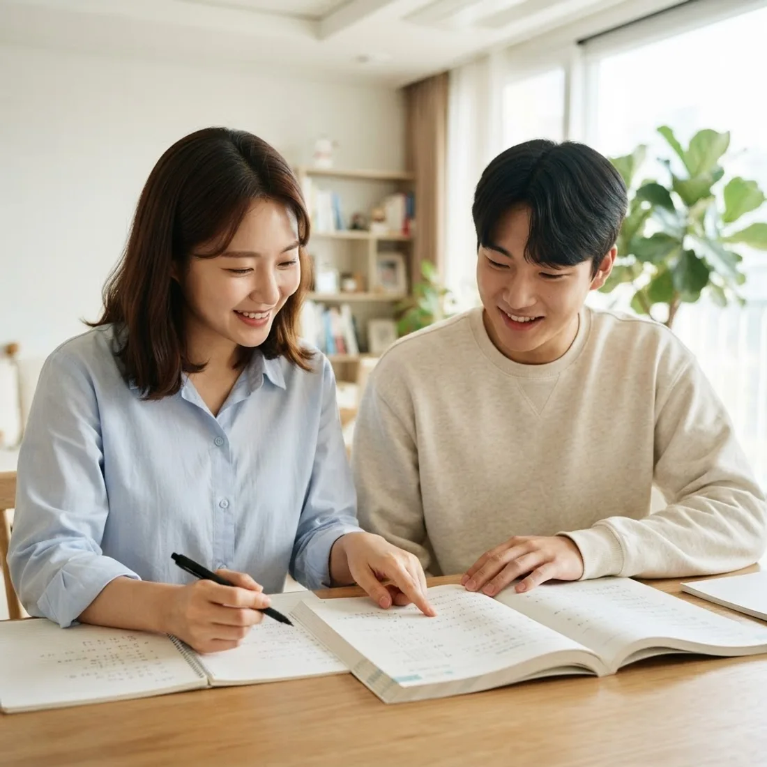 선생님과 학생이 책상에 나란히 앉아 교재를 보며 공부하는 학습 장면. AI 제작 이미지.